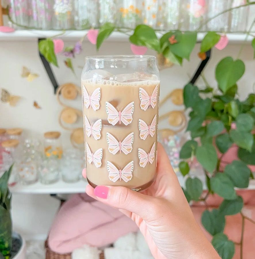 Pink Butterfly Glass Can 16oz