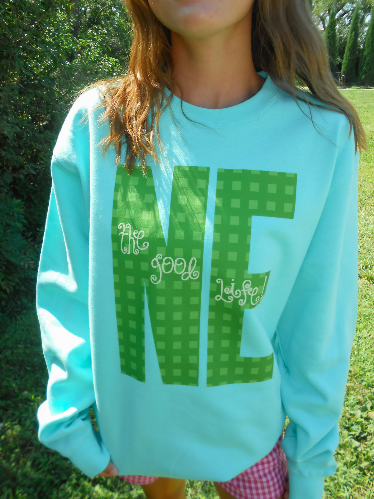 Nebraska Gingham Mint Crew