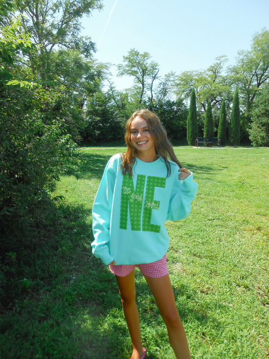 Nebraska Gingham Mint Crew