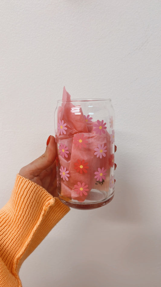 Pink Daisy 16oz Glass Can