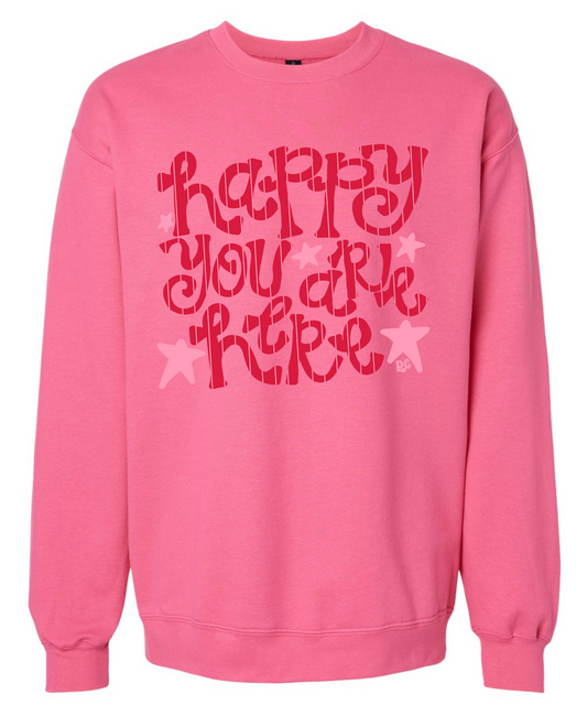 Happy You Are Here Pink Stripe Crew
