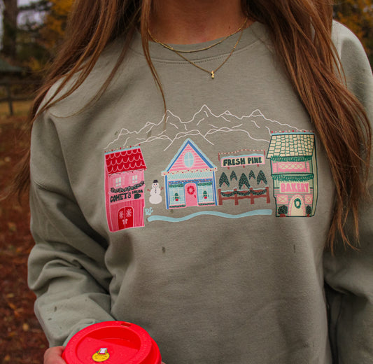 Comet's Christmas Village Sweatshirt Sage